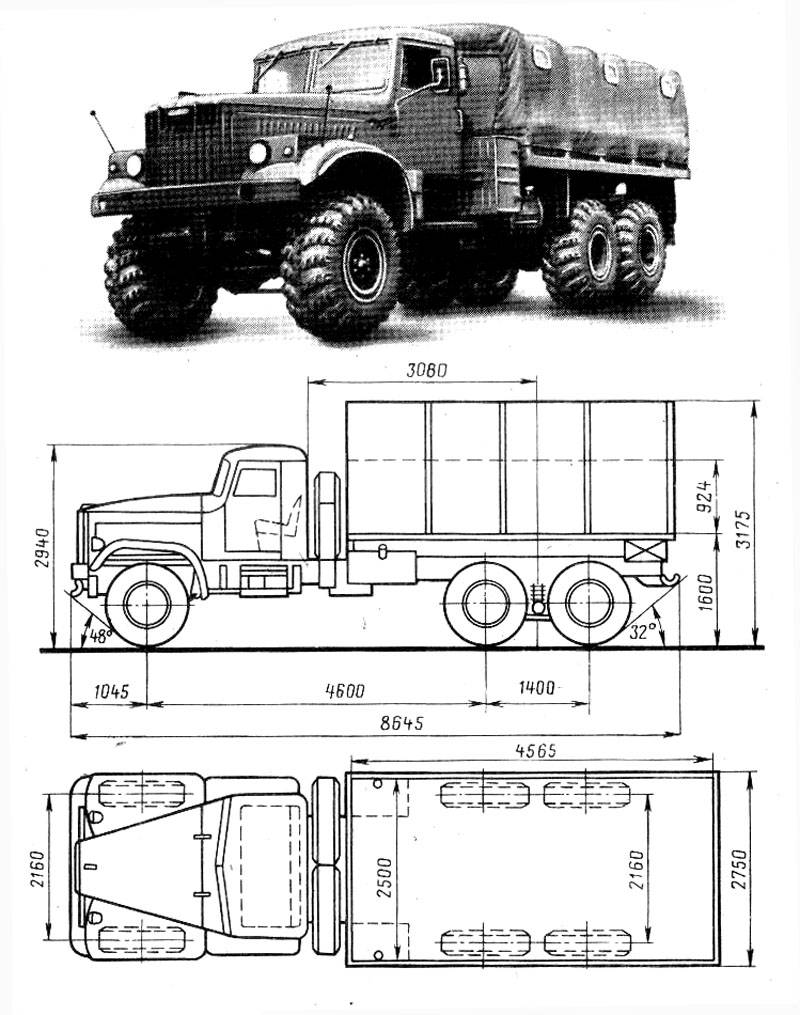 Характеристики советского тяжелого грузовика-вездехода КрАЗ-255Б Лаптежник
